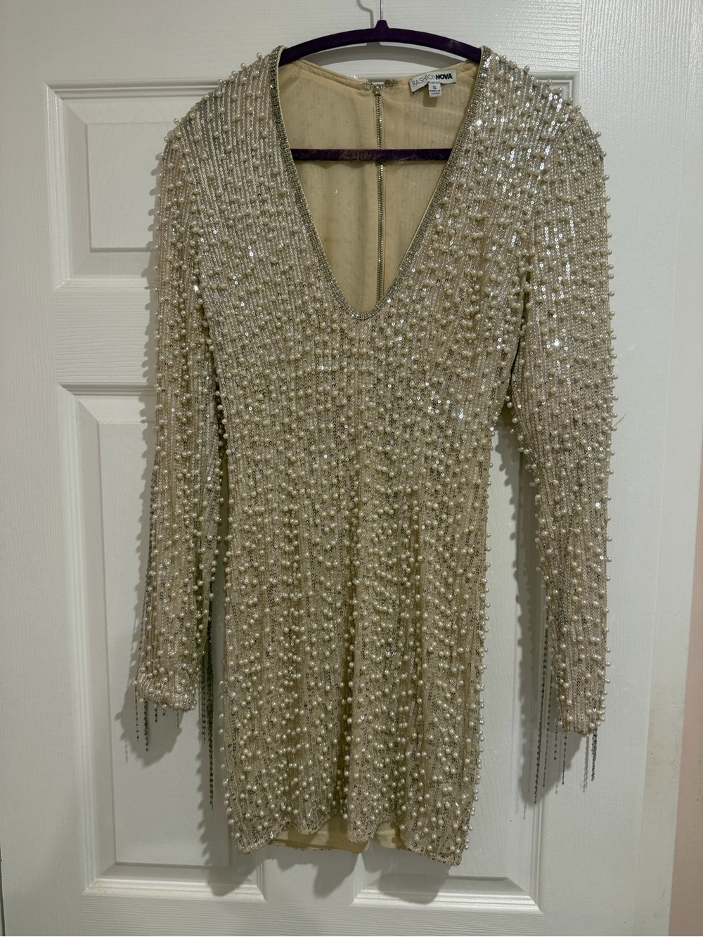 Fashion Nova Pearl & Sequin V-Neck Mini Dress - Ivory